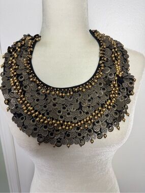 Vintage Simon Chang Statement Coin Bib Necklace in Black Gold Ribbon Closure
